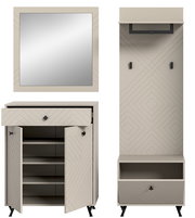 Garderobenkombination in modernem Design mit geometrischen Mustern, bestehend aus einem Spiegel, einem Schrank mit Schublade und Regalfächern sowie einer Garderobenleiste mit Haken. Frontalansicht.