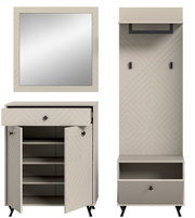 Garderobenkombination in modernem Design mit geometrischen Mustern, bestehend aus einem Spiegel, einem Schrank mit Schublade und Regalfächern sowie einer Garderobenleiste mit Haken. Frontalansicht.
