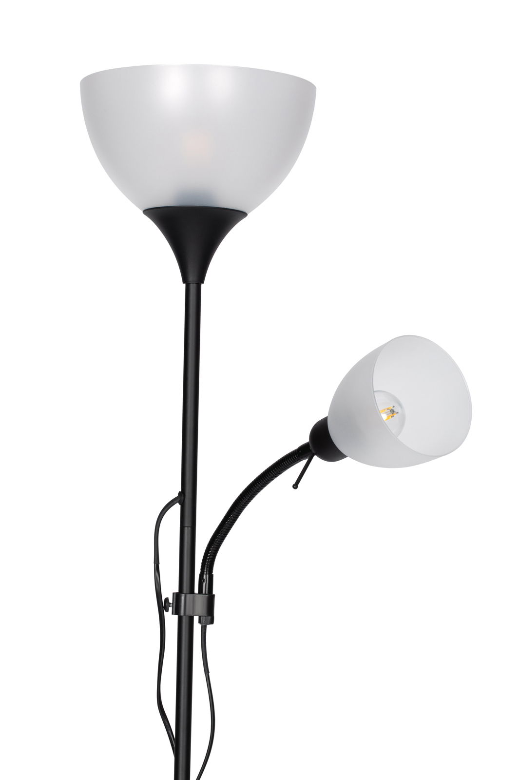 Stehleuchte mit zwei Lampenschirmen, einer nach oben gerichtet und einer flexibel seitlich angebracht, aus schwarzem Metall und weißem Glas, seitliche Perspektive