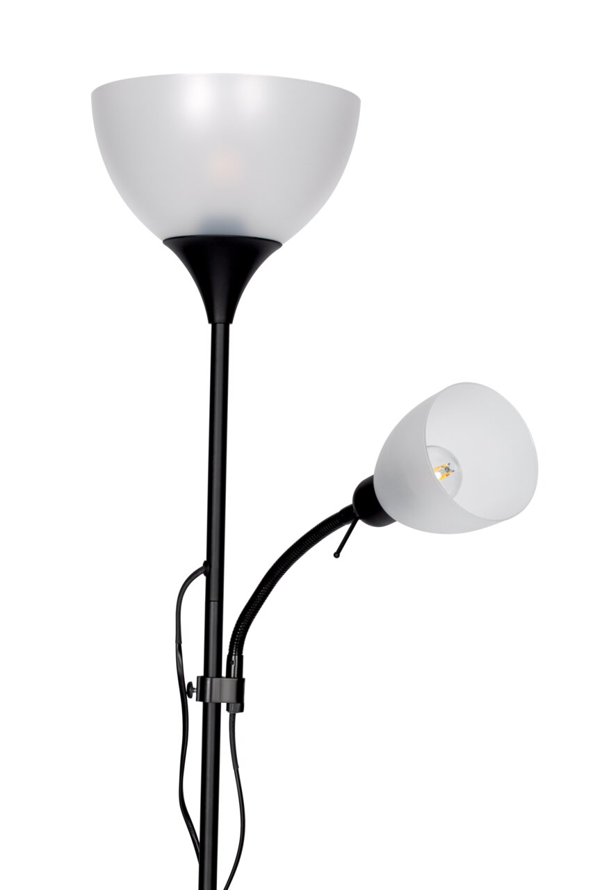 Staande lamp met twee lampenkappen, één naar boven gericht en één flexibel aan de zijkant bevestigd, van zwart metaal en wit glas, zijaanzicht