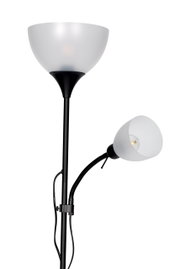 Staande lamp met twee lampenkappen, één naar boven gericht en één flexibel aan de zijkant bevestigd, van zwart metaal en wit glas, zijaanzicht