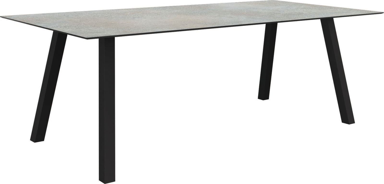Moderner Gartentisch mit rechteckiger Steinplatte und schwarzen Metallbeinen, seitliche Perspektive.