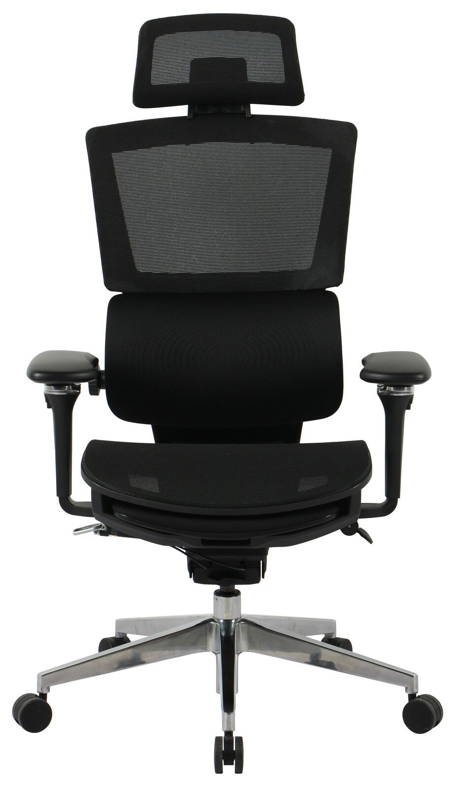 Moderner schwarzer Chefsessel mit Netzrückenlehne und Kopfstütze, Frontalansicht