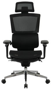 Moderner schwarzer Chefsessel mit Netzrückenlehne und Kopfstütze, Frontalansicht