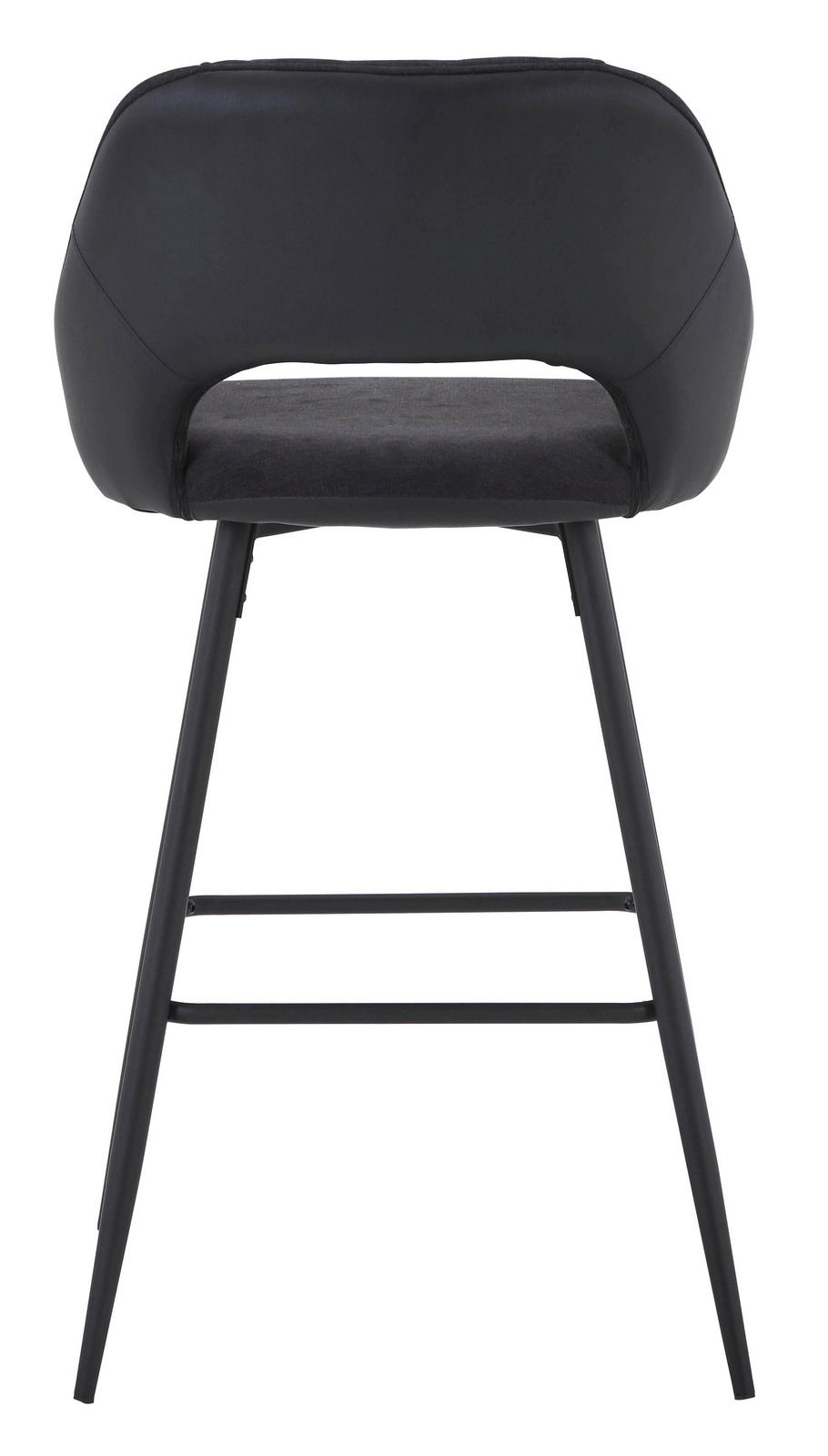 Rückansicht eines modernen Barstuhls mit schwarzem Sitz und Rückenlehne, sowie schlanken Metallbeinen.