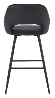 Rückansicht eines modernen Barstuhls mit schwarzem Sitz und Rückenlehne, sowie schlanken Metallbeinen.
