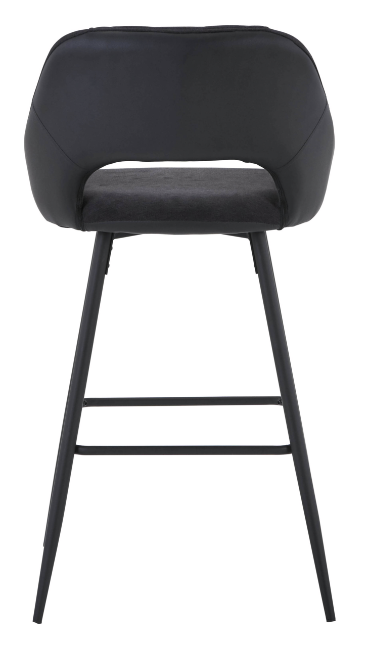 Rückansicht eines modernen Barstuhls mit schwarzem Sitz und Rückenlehne, sowie schlanken Metallbeinen.