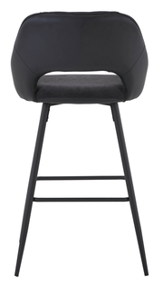 Rückansicht eines modernen Barstuhls mit schwarzem Sitz und Rückenlehne, sowie schlanken Metallbeinen.