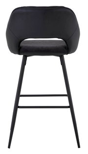 Rückansicht eines modernen Barstuhls mit schwarzem Sitz und Rückenlehne, sowie schlanken Metallbeinen.