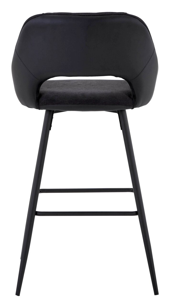 Achterkant van een moderne barkruk met een zwarte zitting en rugleuning, en slanke metalen poten.