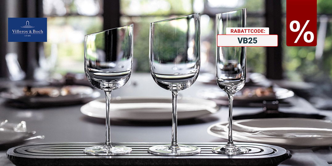 Drei elegante Villeroy-&-Boch-Gläser auf gedecktem Tisch, Aktionsbanner: 25 % Rabatt mit Code VB25