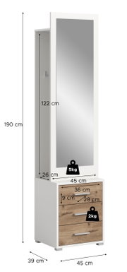 Garderobenkombination mit Spiegel in Frontalansicht, 190 cm hoch, 45 cm breit, mit zwei Schubladen und einem großen Spiegel.