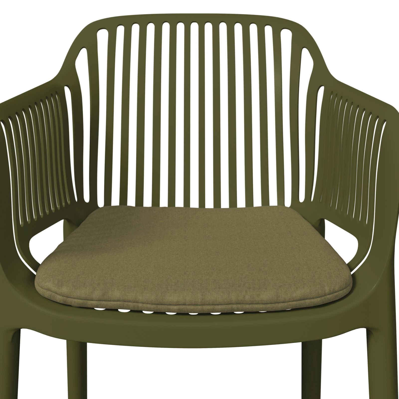 Grüner Stapelsessel mit Kissen, Vorderansicht