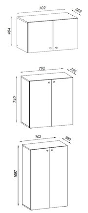 Technische Strichzeichnung eines zweitürigen Schranks in Frontansicht mit Maßangaben; gezeigt sind drei Varianten mit Breite 702 mm und Tiefe ca. 389–390 mm sowie Höhen 404 mm, 740 mm und 1097 mm.