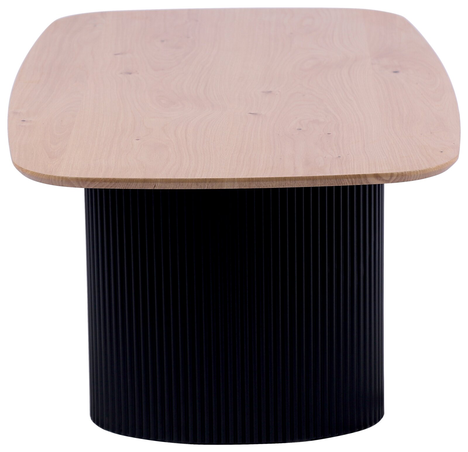 Moderner Couchtisch mit runder, geriffelter schwarzer Basis und heller Holzplatte, Frontalansicht