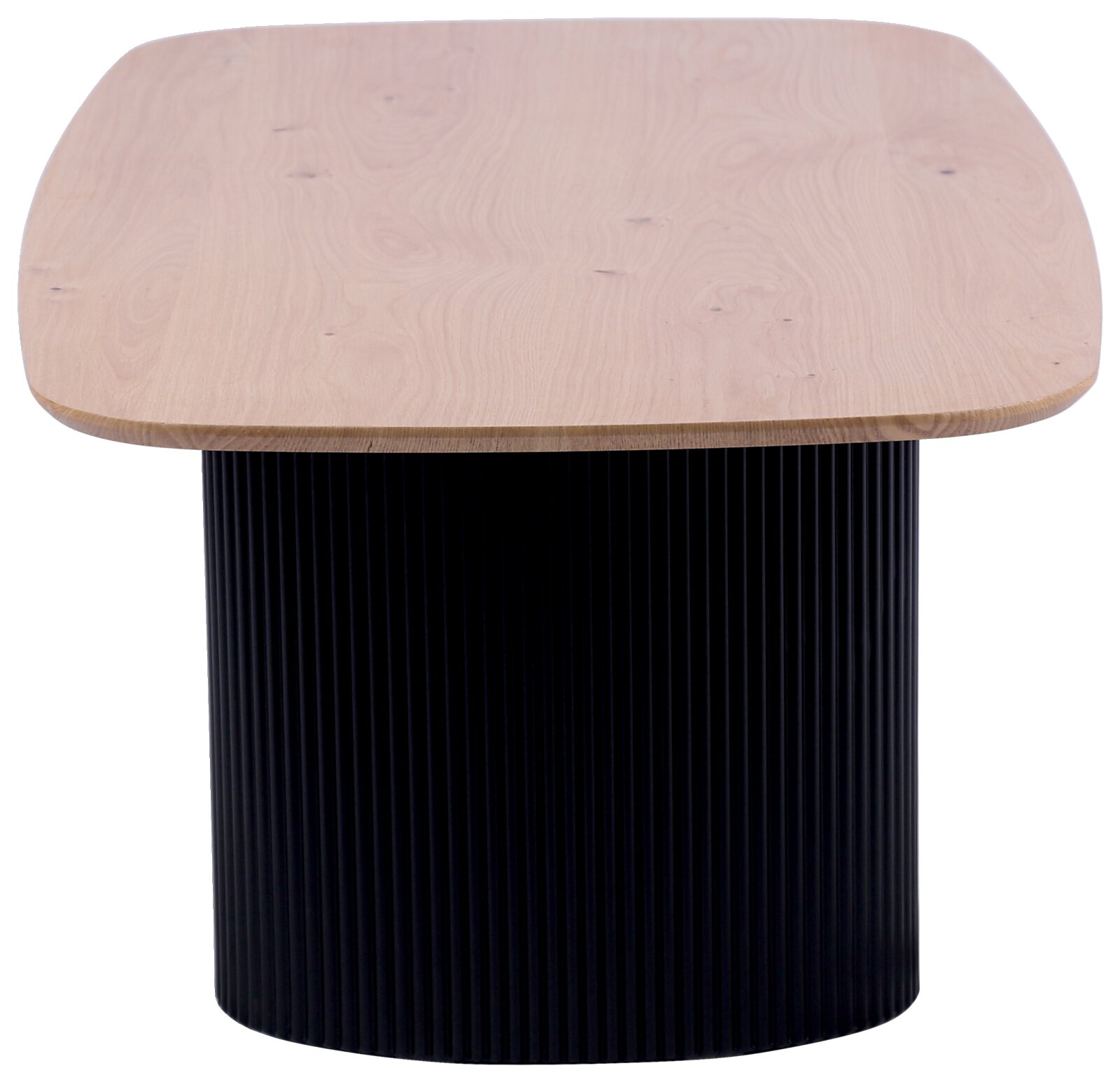 Moderne salontafel met een rond, geribbeld zwart onderstel en een lichtgekleurd houten blad, vooraanzicht