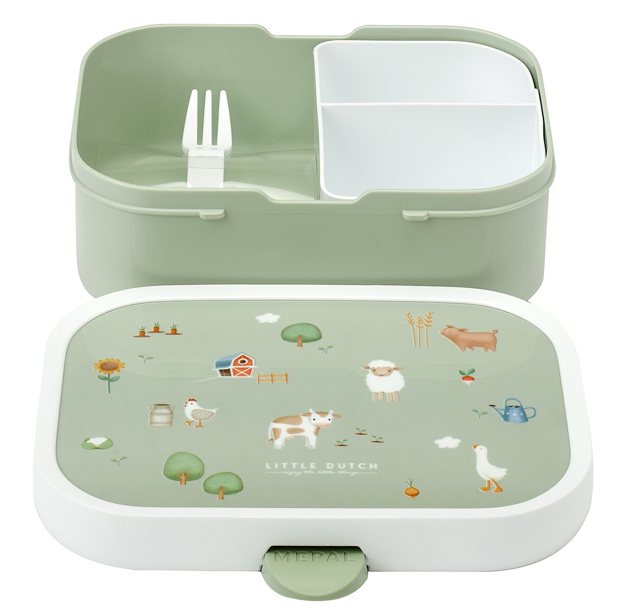 Lunchbox-Set Campus Little Farm mit abnehmbarem Deckel, grüner Farbe und Bauernhof-Motiven, von oben betrachtet.