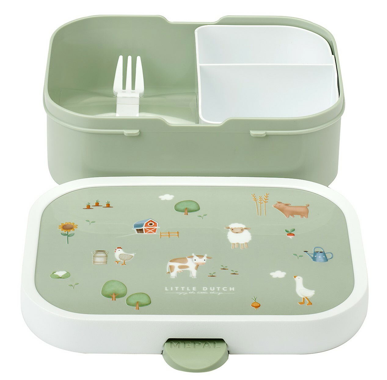 Lunchbox-Set Campus Little Farm mit abnehmbarem Deckel, grüner Farbe und Bauernhof-Motiven, von oben betrachtet.