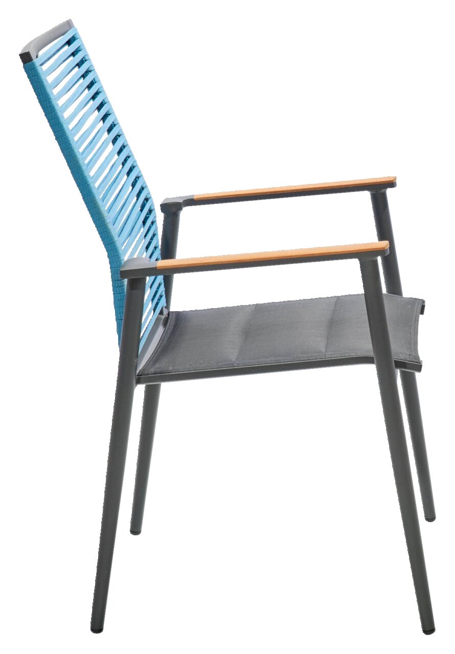 Moderne fauteuil met blauwe rugleuning en houten armleuningen, zijaanzicht
