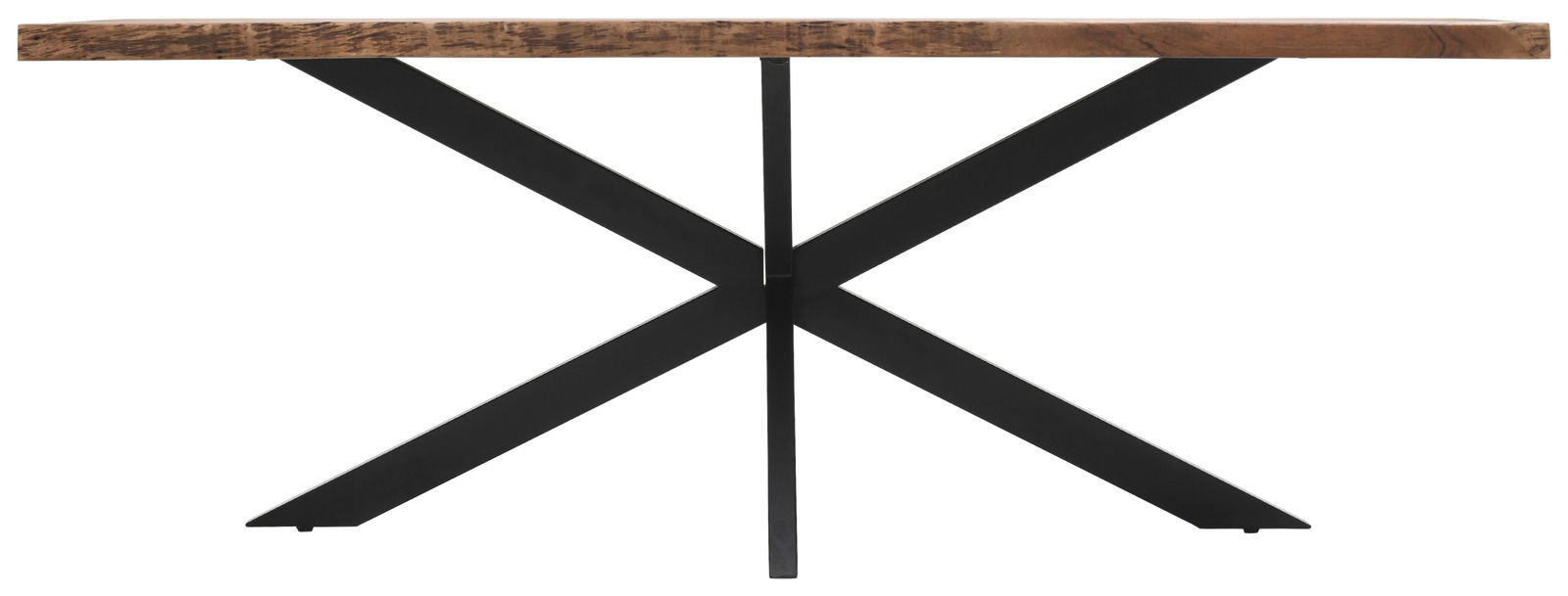 Moderner Esstisch mit rustikaler Holzplatte und schwarzem Metallgestell, Seitenansicht.