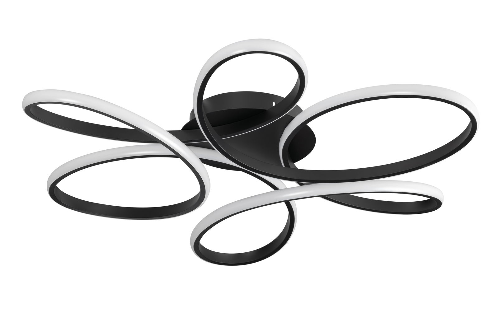 Moderne LED-Deckenleuchte mit geschwungenem, schwarzem und weißem Design, seitliche Perspektive