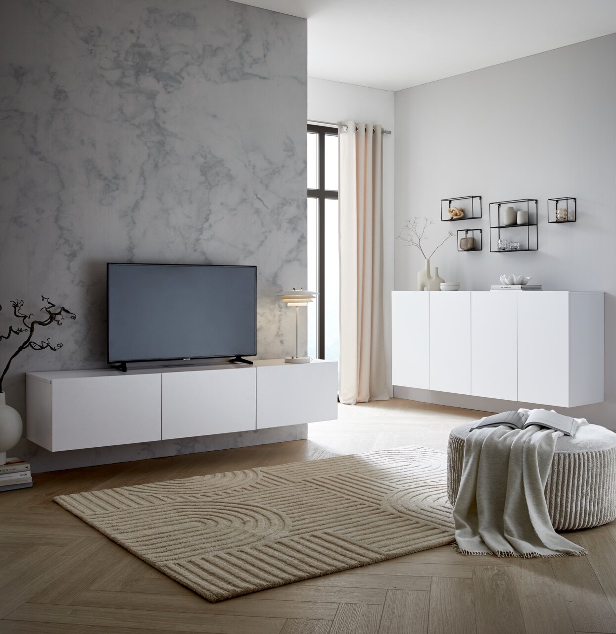 Hom´in Hangende tv-ladekast 180 NEWNIQ Moderne woonkamer met een wit hangend tv-meubel, zijaanzicht