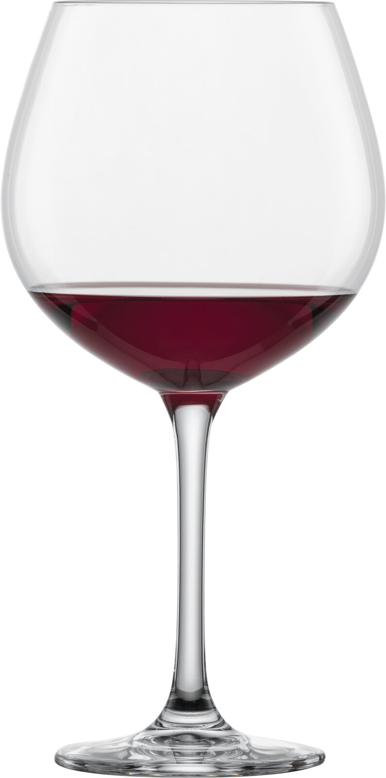 SCHOTT ZWIESEL Burgunderglas CLASSICO Rotweinglas Classico mit elegantem Stiel, gefüllt mit Rotwein, seitliche Perspektive