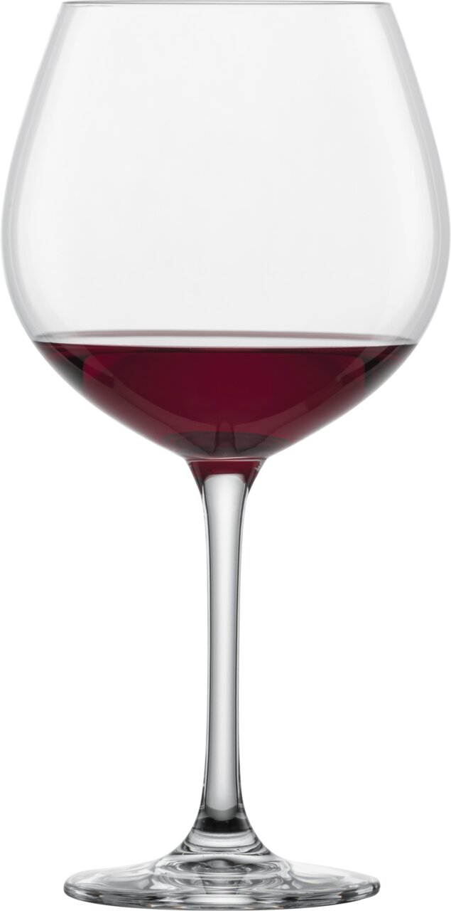 Rotweinglas Classico mit elegantem Stiel, gefüllt mit Rotwein, seitliche Perspektive