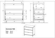 Technische Zeichnung einer Kommode mit zwei Schubladen, Vorder- und Seitenansicht, Maße: Breite 89 cm, Höhe 92 cm, Tiefe 52 cm