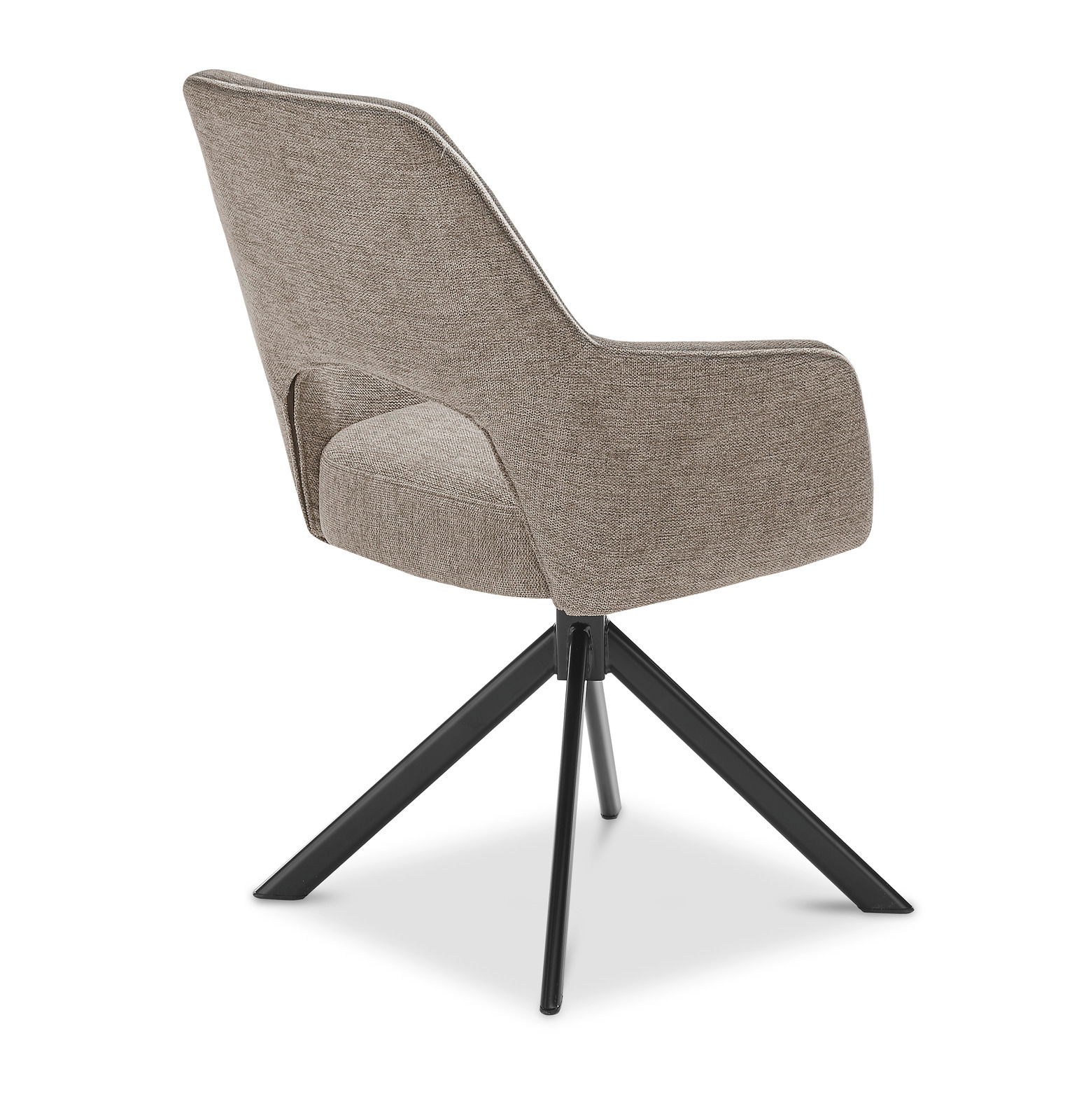 Rückansicht eines modernen Armlehnstuhls mit grauem Stoffbezug und schwarzem Metallgestell.