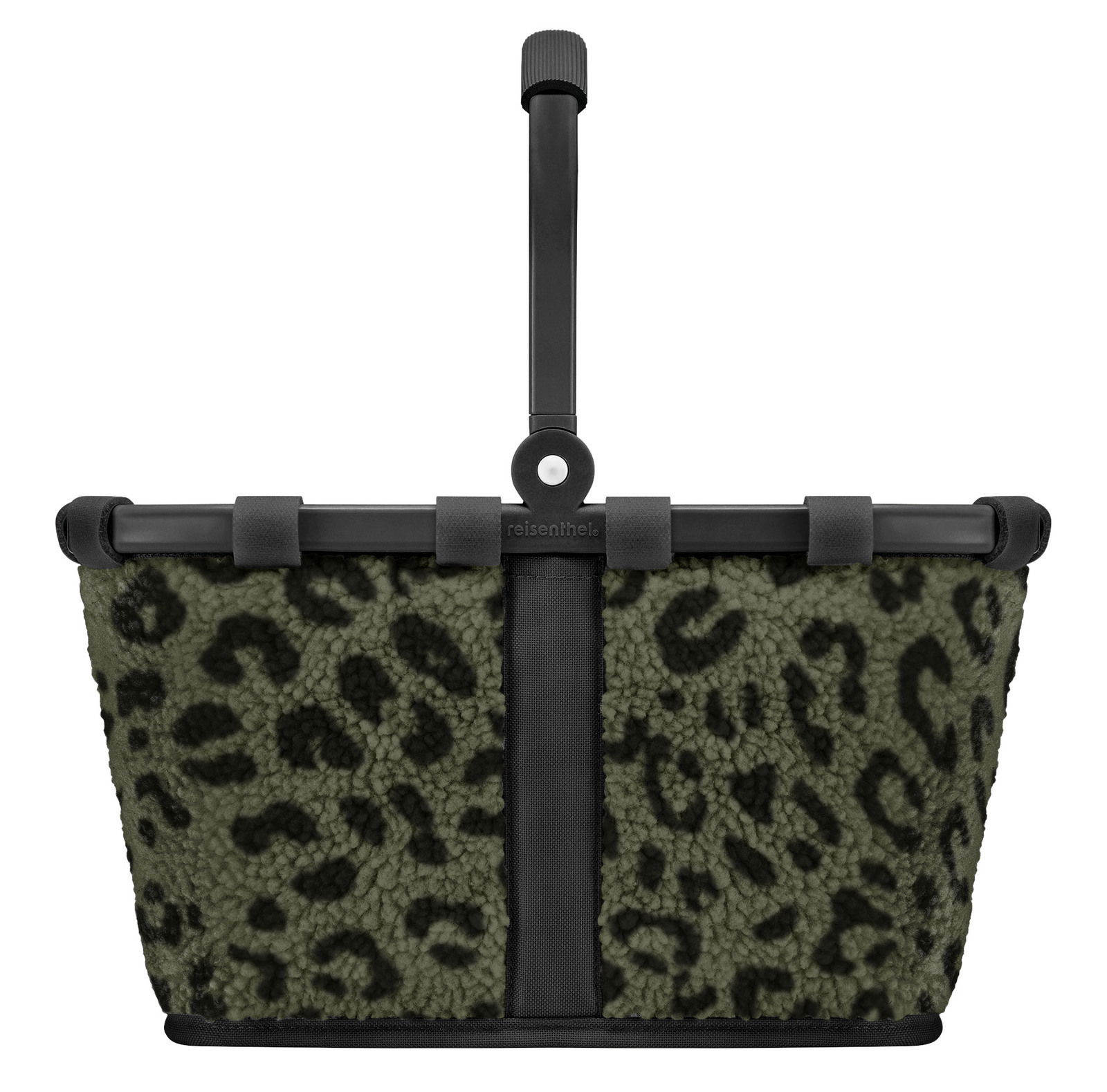 Leopardenmuster-Korb mit schwarzem Griff, Vorderansicht