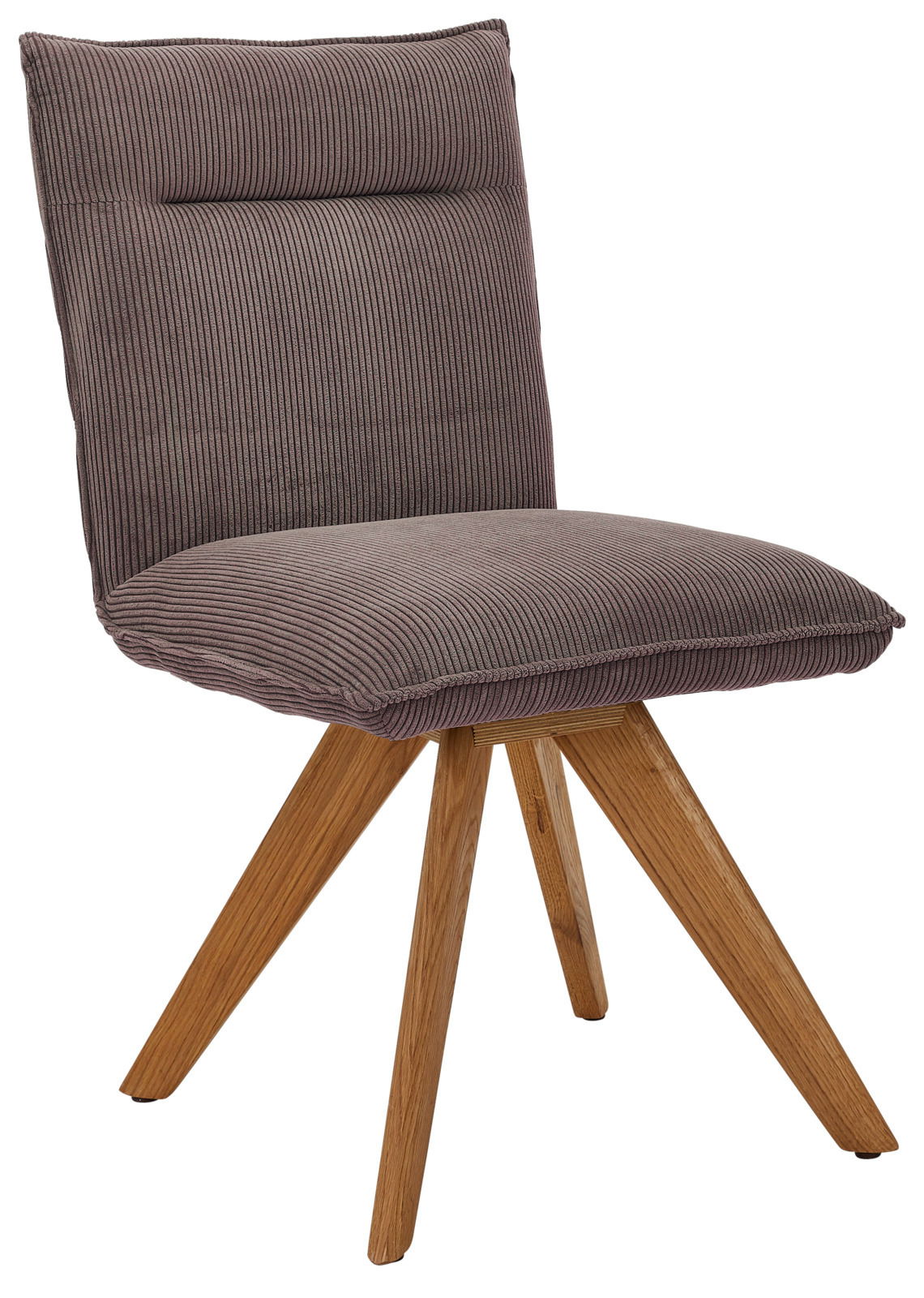 Johann Jakob Stuhl CALAS Moderner Stuhl mit braunem, geripptem Stoffbezug und Holzbeinen, seitliche Perspektive
