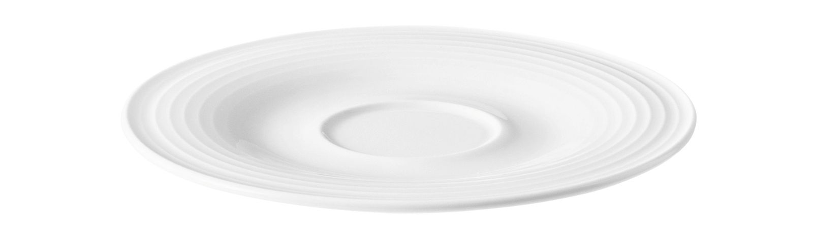 Weiße Untertasse mit geriffeltem Rand, seitliche Perspektive