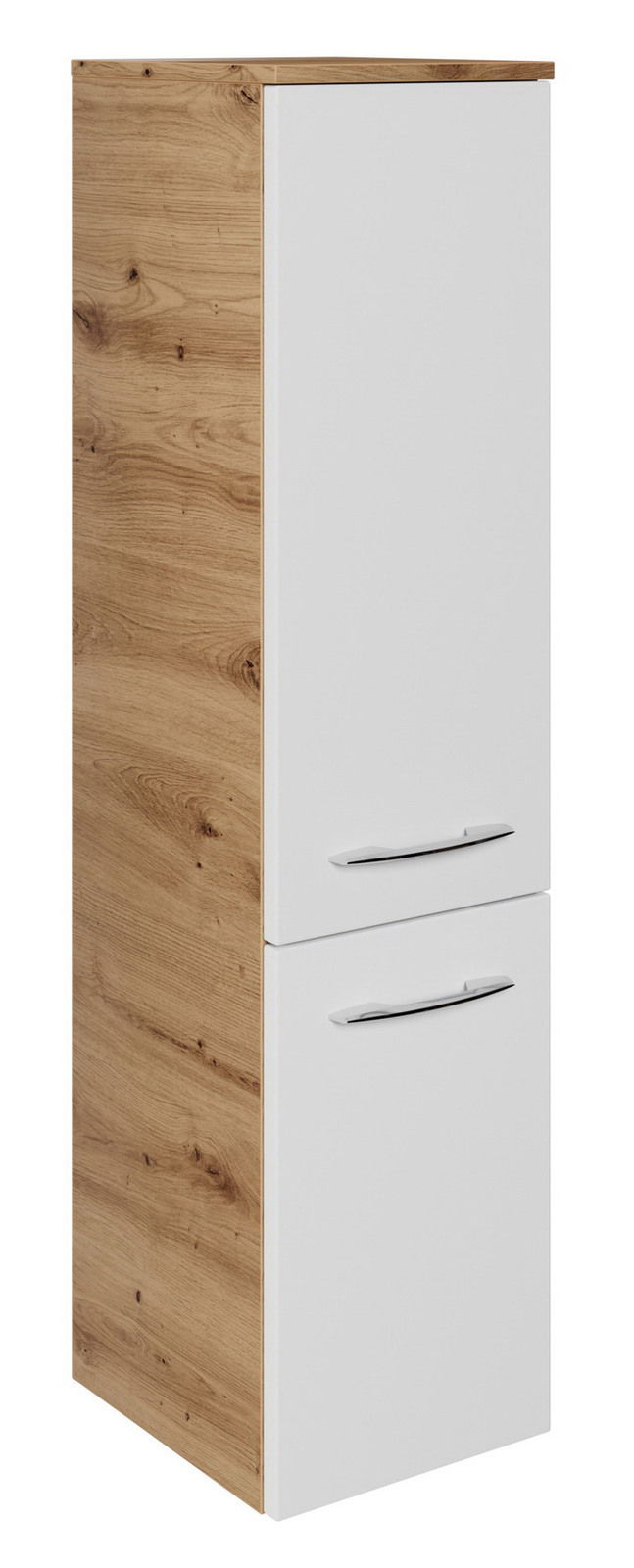 Sadena Midischrank PLAKA Midischrank mit Holzoptik an der Seite und weißen Türen, perspektivisch von vorne links betrachtet