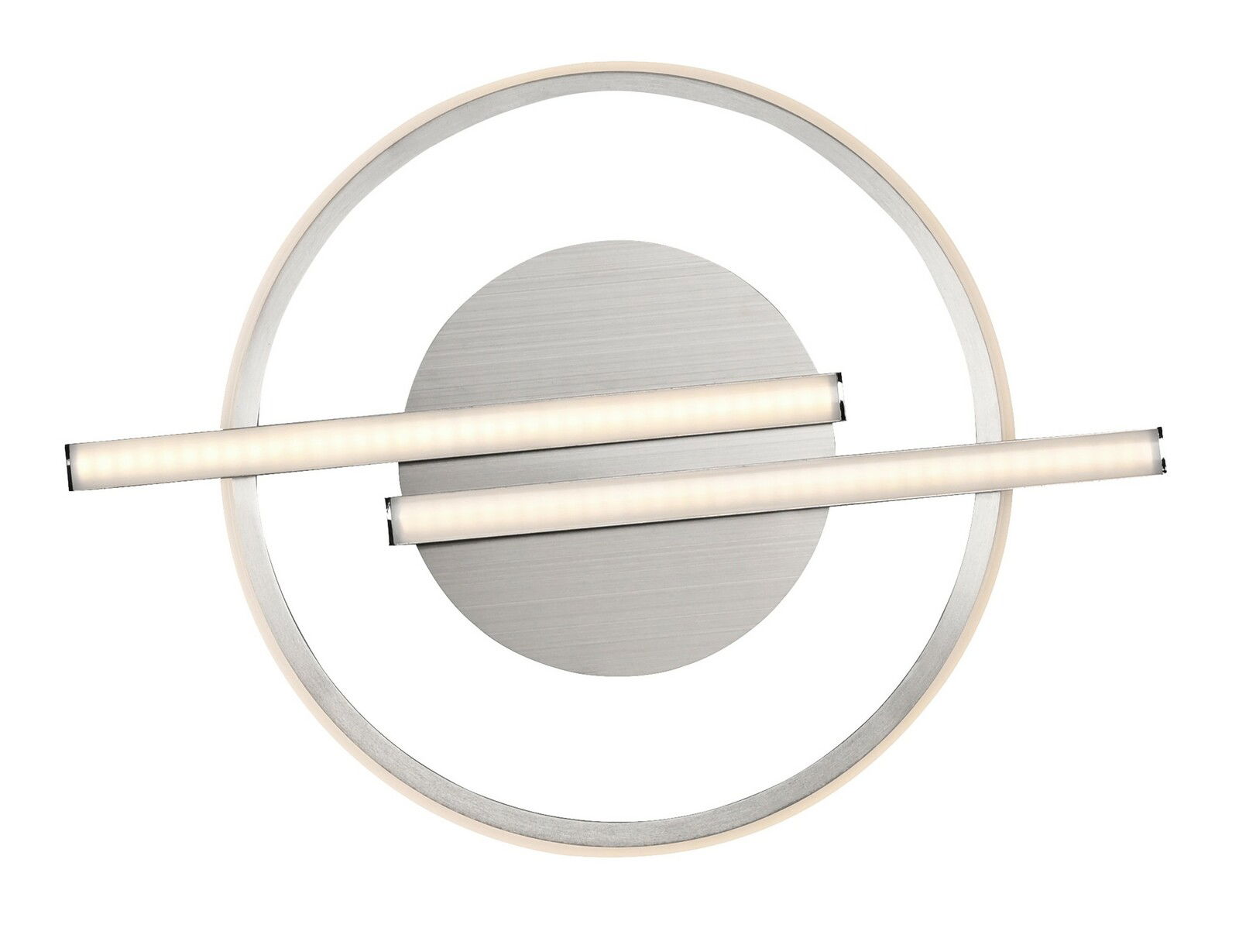 Moderne LED-Deckenleuchte mit zwei horizontalen Leuchtstreifen und kreisförmigem Design, Ansicht von unten.