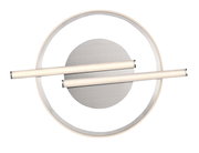 Moderne LED-Deckenleuchte mit zwei horizontalen Leuchtstreifen und kreisförmigem Design, Ansicht von unten.