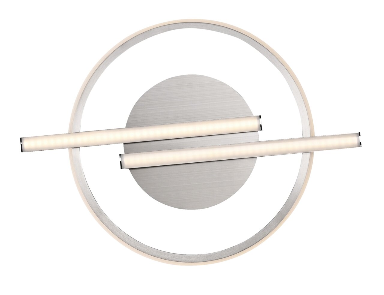 Moderne LED-Deckenleuchte mit zwei horizontalen Leuchtstreifen und kreisförmigem Design, Ansicht von unten.