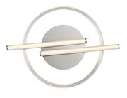 Moderne LED-Deckenleuchte mit zwei horizontalen Leuchtstreifen und kreisförmigem Design, Ansicht von unten.