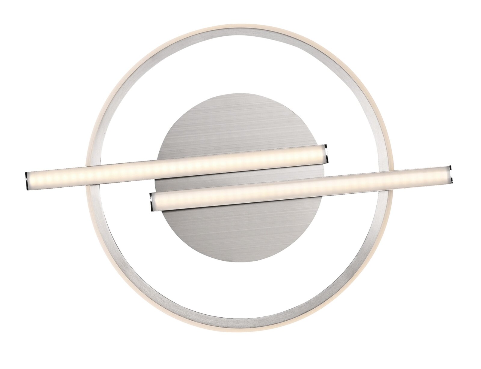 Moderne LED-Deckenleuchte mit zwei horizontalen Leuchtstreifen und kreisförmigem Design, Ansicht von unten.