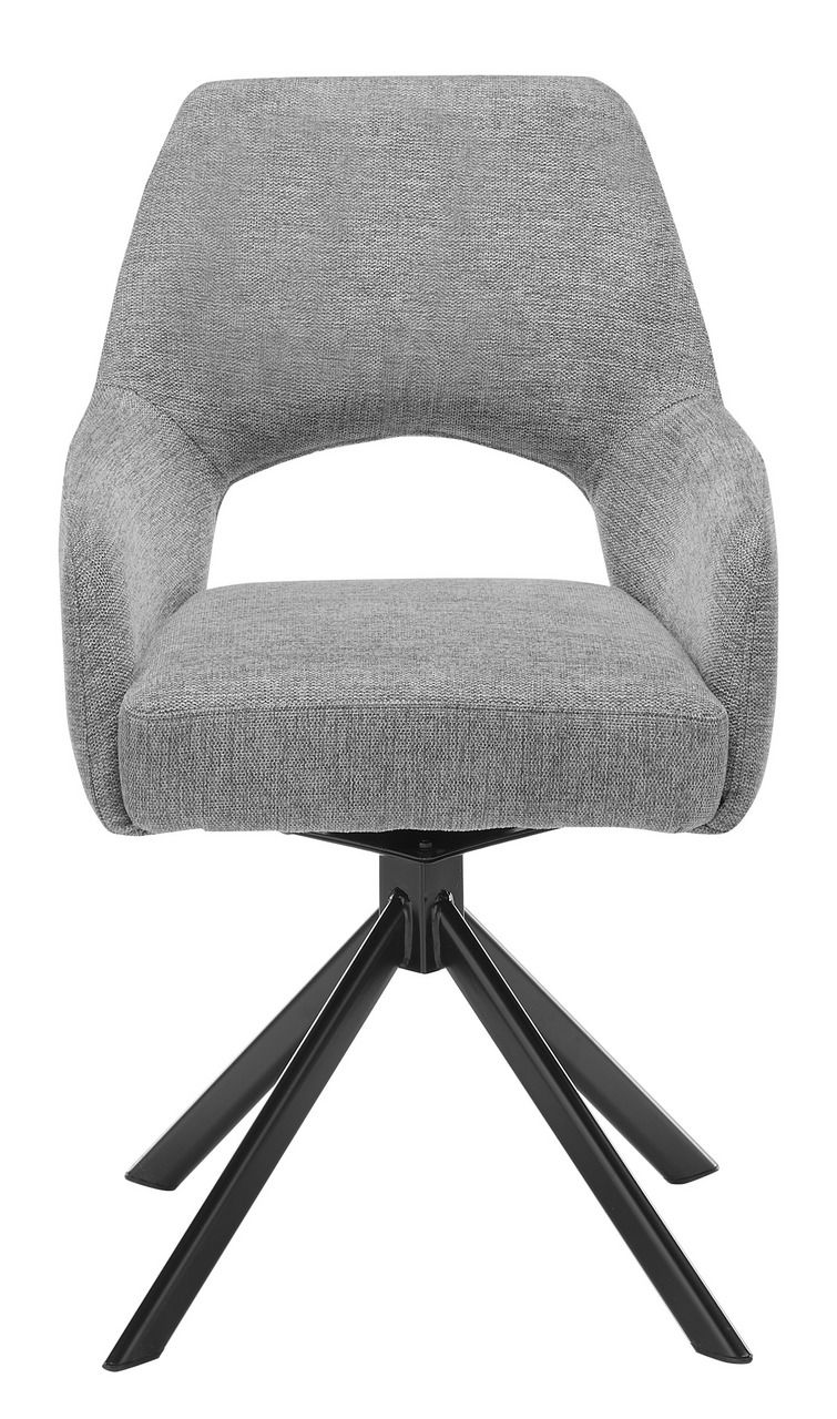 Grauer Armlehnstuhl mit schwarzem Metallgestell, Frontalansicht