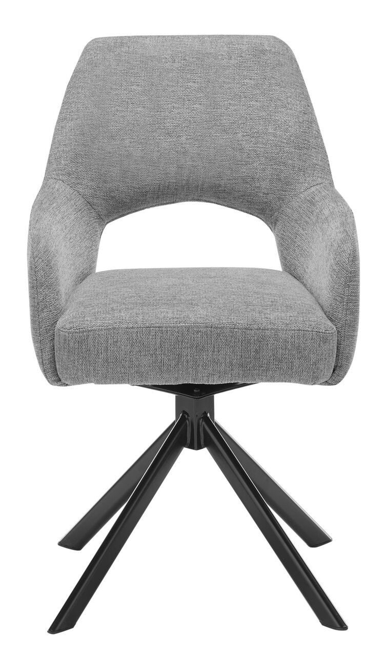 Grauer Armlehnstuhl mit schwarzem Metallgestell, Frontalansicht