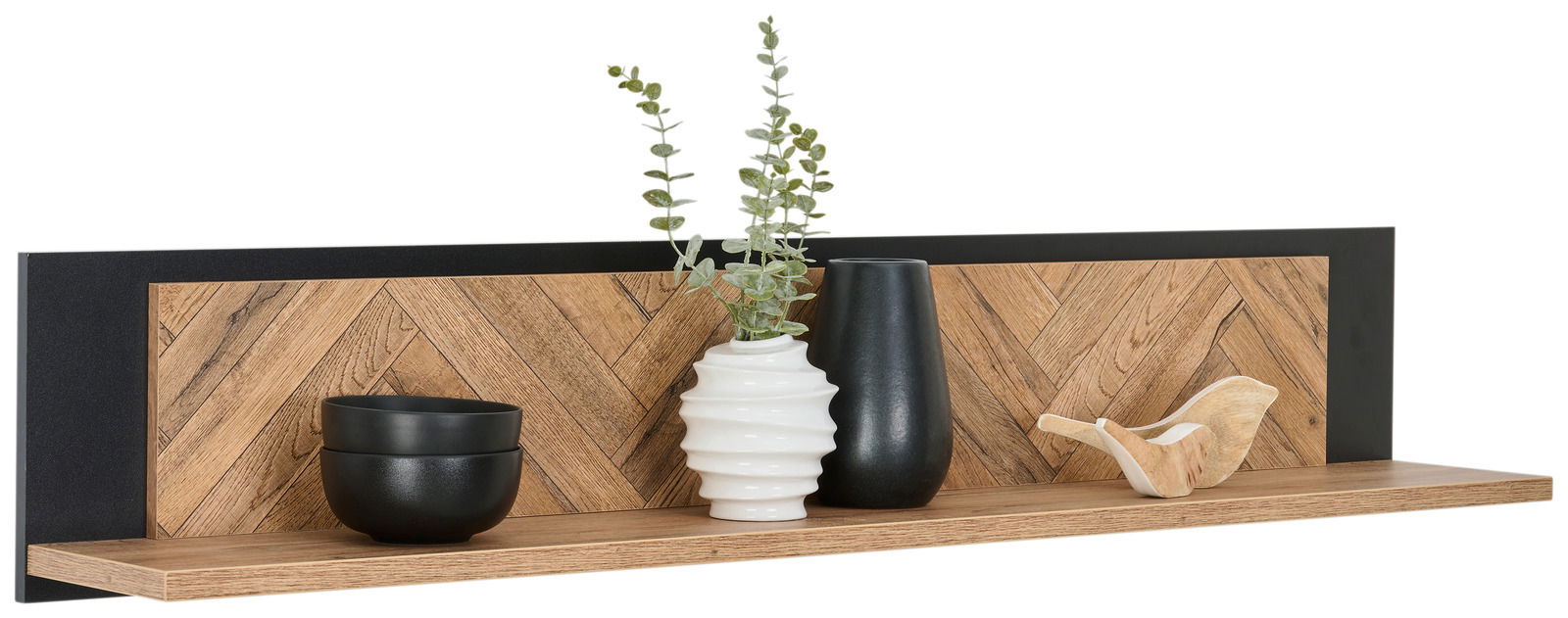 Wandboard mit Holzoptik und Dekorationen, seitliche Perspektive