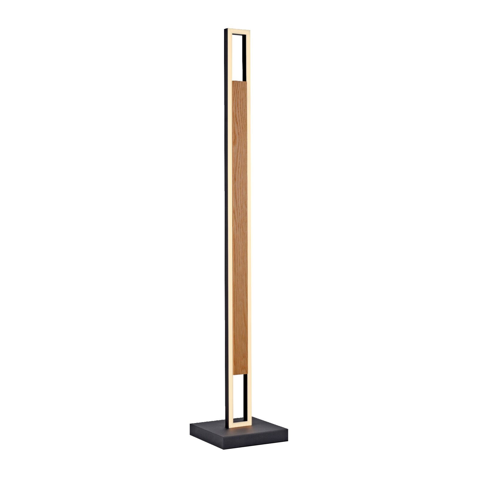 Moderne slanke tafellamp met warm verlicht rechthoekig frame, zwart onderstel en houten middenpaneel, schuin van voren gezien