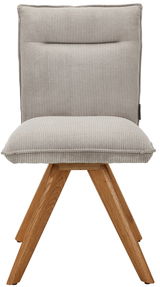 Moderner Stuhl mit gepolsterter Rückenlehne und Sitzfläche in hellgrauem Stoff, auf Holzbeinen. Frontalansicht.