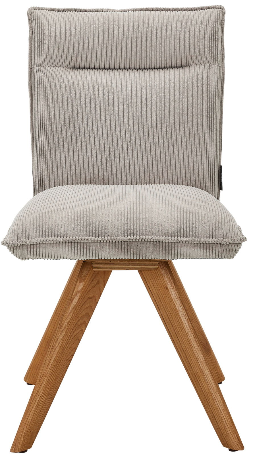 Moderner Stuhl mit gepolsterter Rückenlehne und Sitzfläche in hellgrauem Stoff, auf Holzbeinen. Frontalansicht.