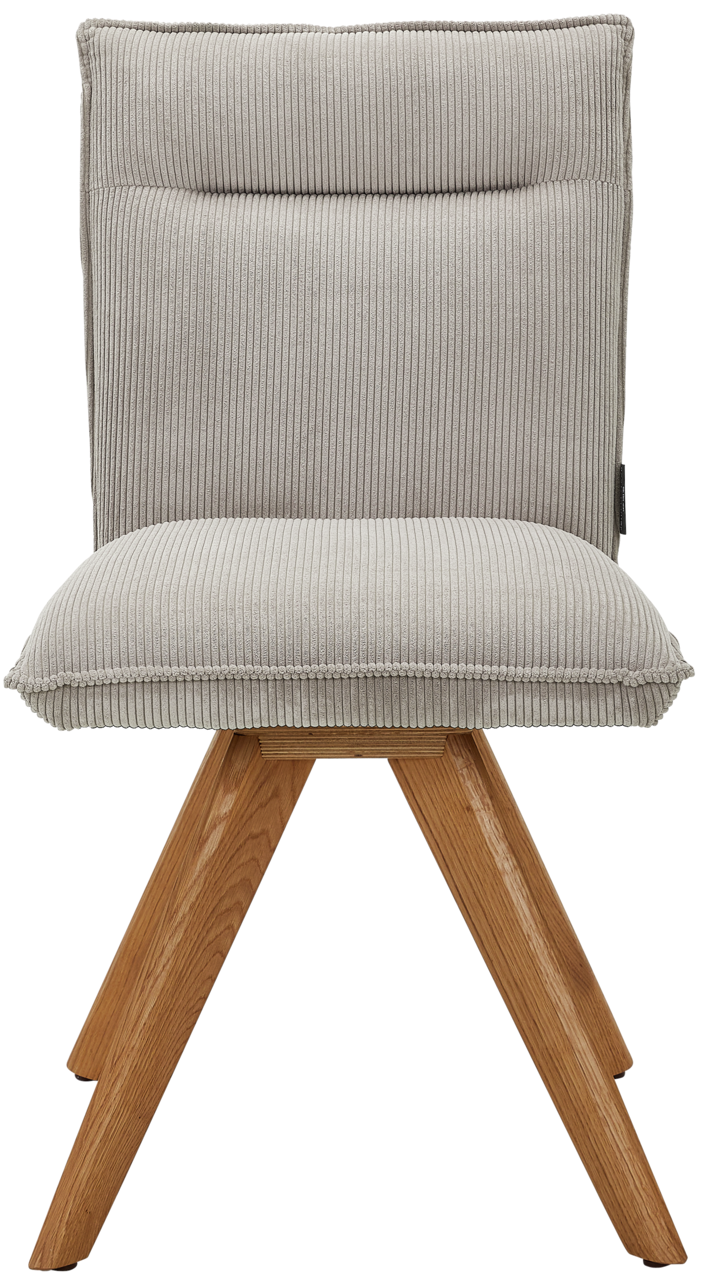 Moderner Stuhl mit gepolsterter Rückenlehne und Sitzfläche in hellgrauem Stoff, auf Holzbeinen. Frontalansicht.