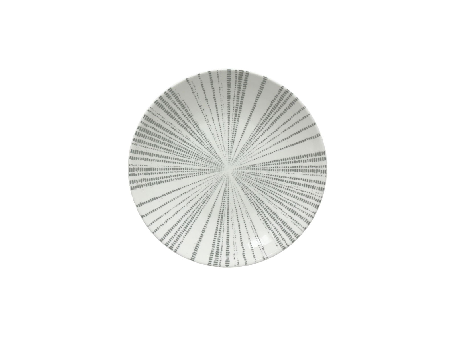 Porzellanteller mit grauem, strahlenförmigem Muster, Ansicht von oben