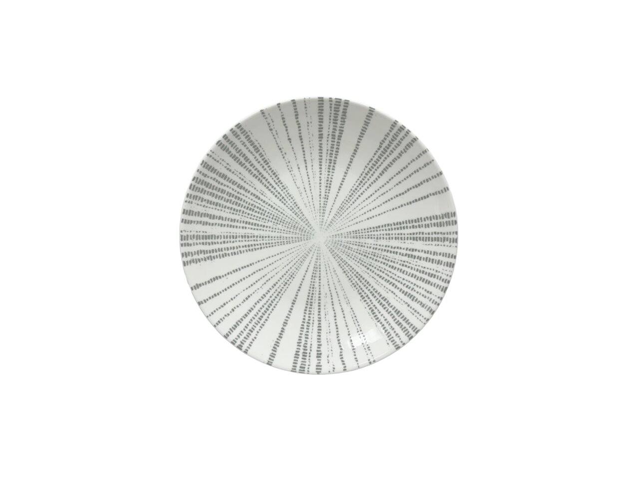 Porzellanteller mit grauem, strahlenförmigem Muster, Ansicht von oben