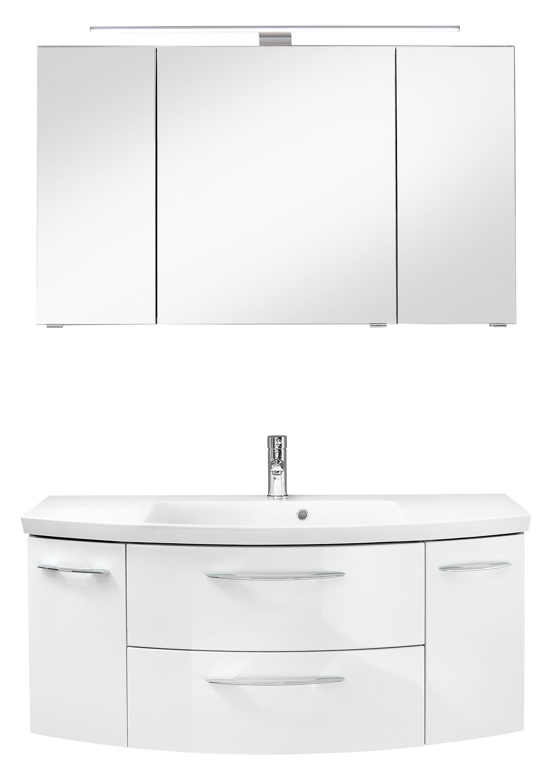 Moderne Badkombination mit dreiteiligem Spiegelschrank und weißem Waschtisch, Frontalansicht