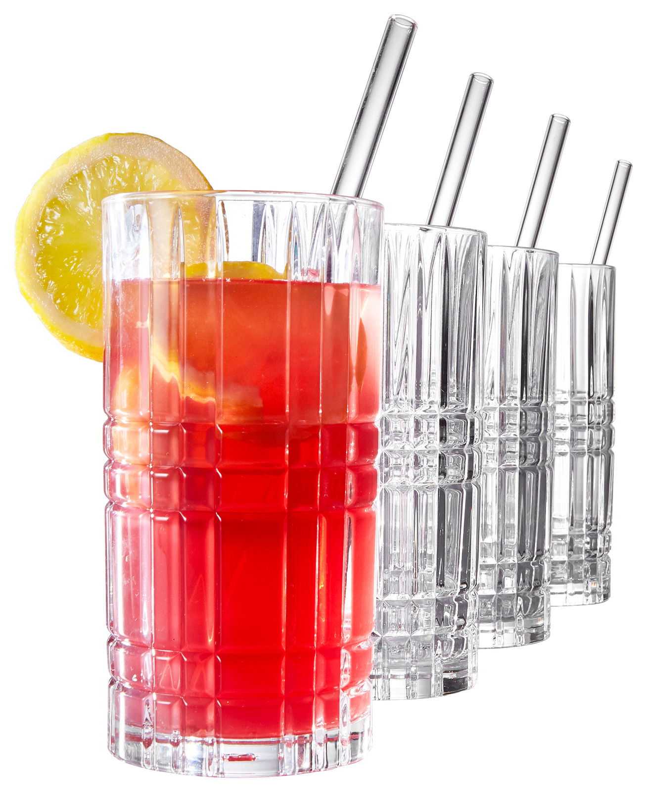 Nachtmann 4er-Set Longdrink-Gläser + Glas-Trinkhalme TASTES GOOD Set aus acht Longdrinkgläsern, eines gefüllt mit rotem Getränk und Zitronenscheibe, seitliche Perspektive.